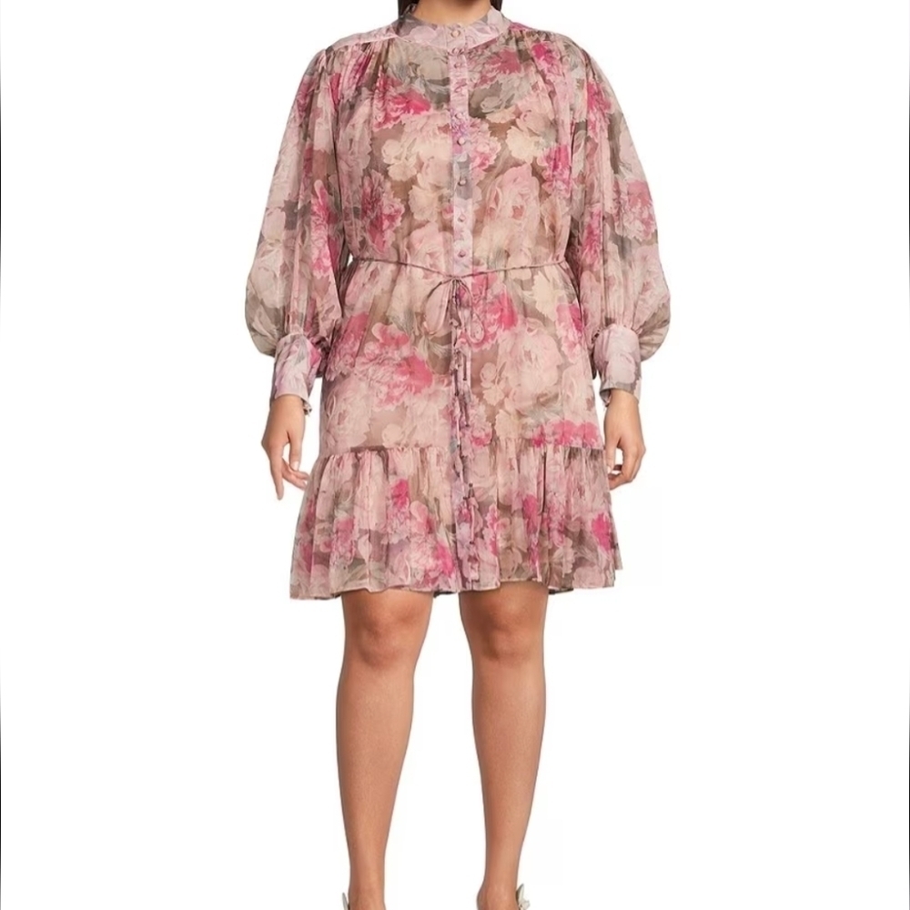 Alex Marie Lana Floral Print Long Puffed Sleeve Mock Neck Tiered Hem Dress